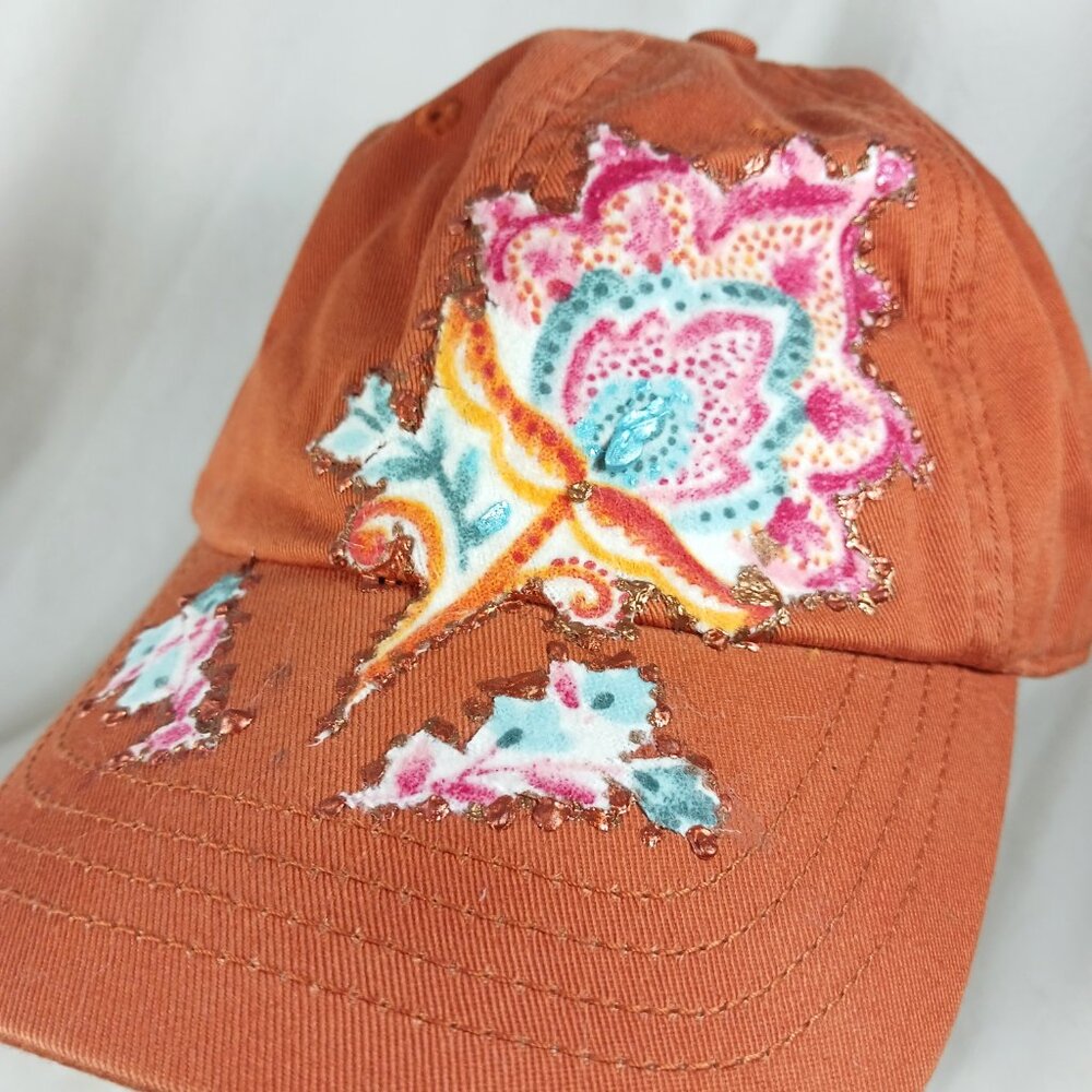 Burnt Orange Baseball Hat Floral Flower Patch Metallic Paint Youth OS Cobra Cap